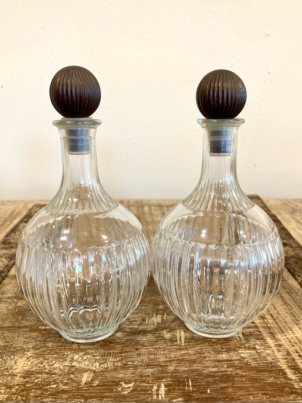 2 Vintage Ribbed Glass Decanters Vanity Bottles with Round Plastic Lids JPI NYC